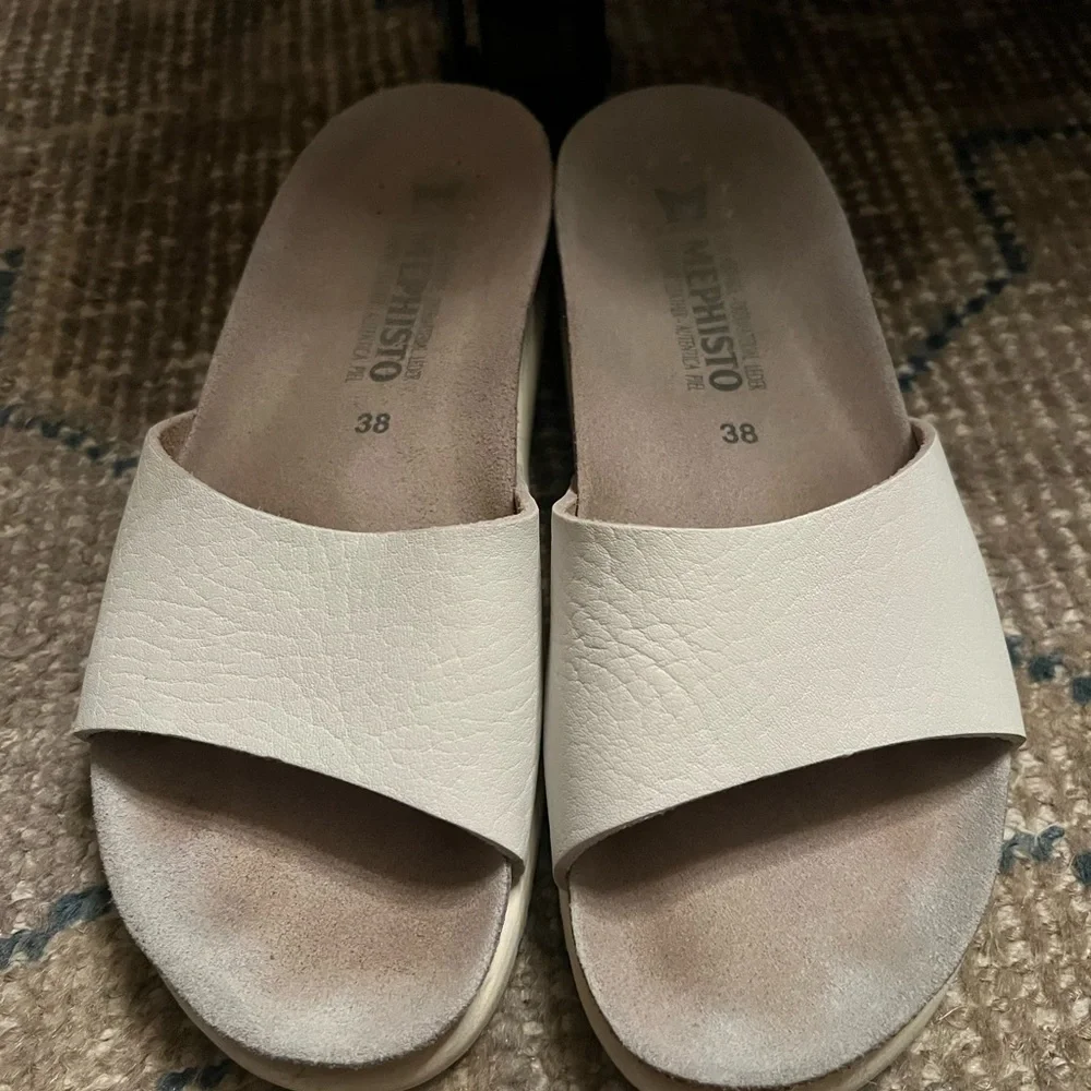 Mephisto White Leather Cork Footbed Slide Sandals Womens 38 Comfort Shoes - Picture 4 of 6